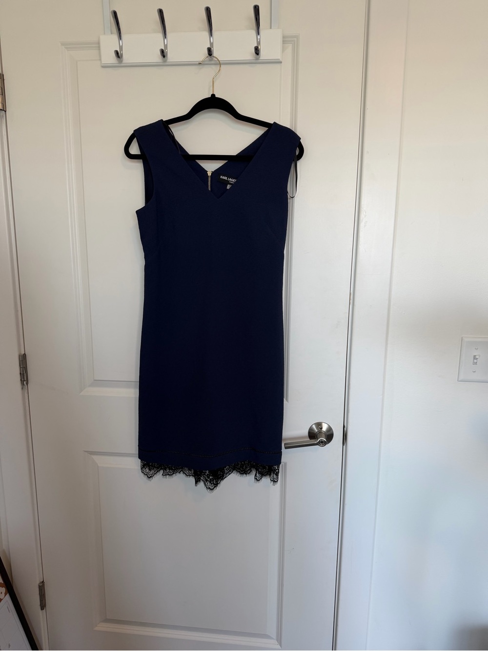 Karl Lagerfeld Navy Sheath Dress with Black Lace Trim